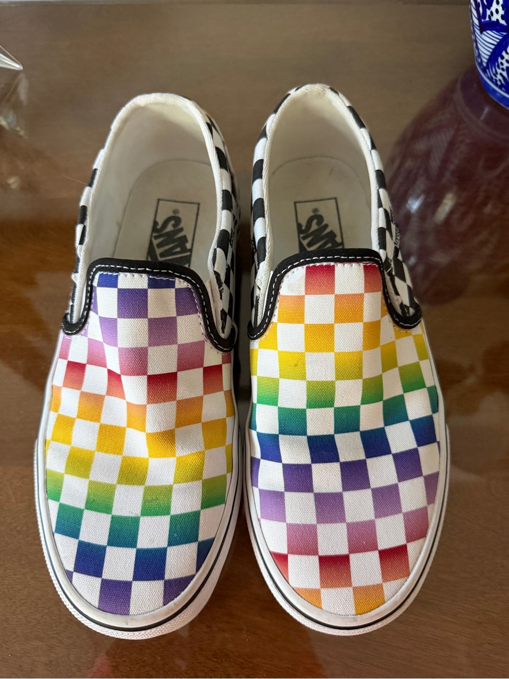 Women’s Vans Multicolor Rainbow Checkerboard Slip-On Sneakers